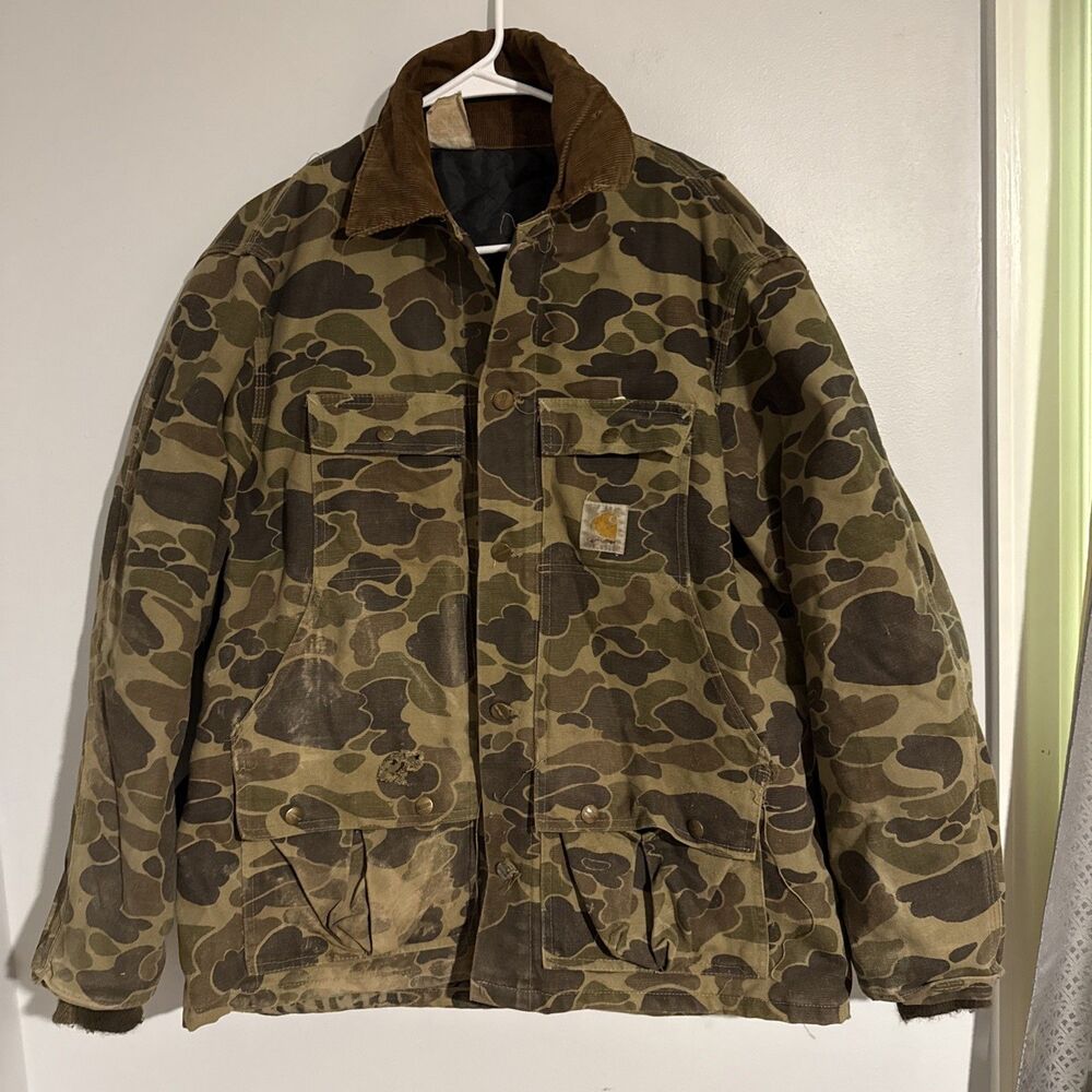 Vtg Carhartt Jacket Mens Size LG -CQ103 Duck Camo Quilt Lined Hunting w/Game Bag